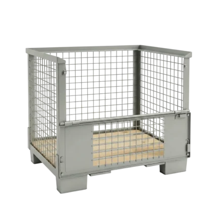 Used Gitterbox: steel mesh pallet cage with drop-down front flap on a wooden base