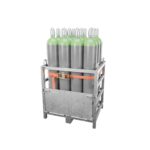 Steel transport pallet with 12 × 50 L argon/CO2 82/18 mix cylinders, ratchet strap
