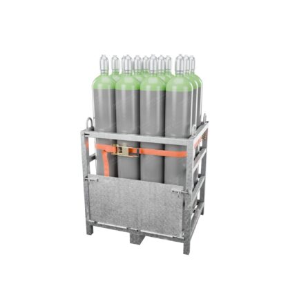 Steel transport pallet with 12 × 50 L argon/CO2 82/18 mix cylinders, ratchet strap