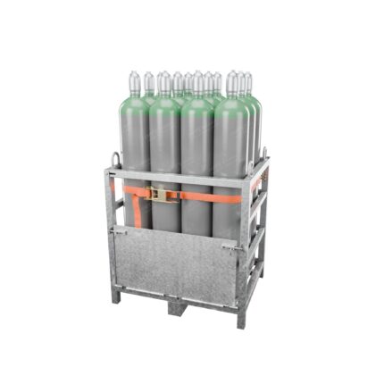 Steel transport pallet with 12 × 50 L argon cylinders, ratchet strap