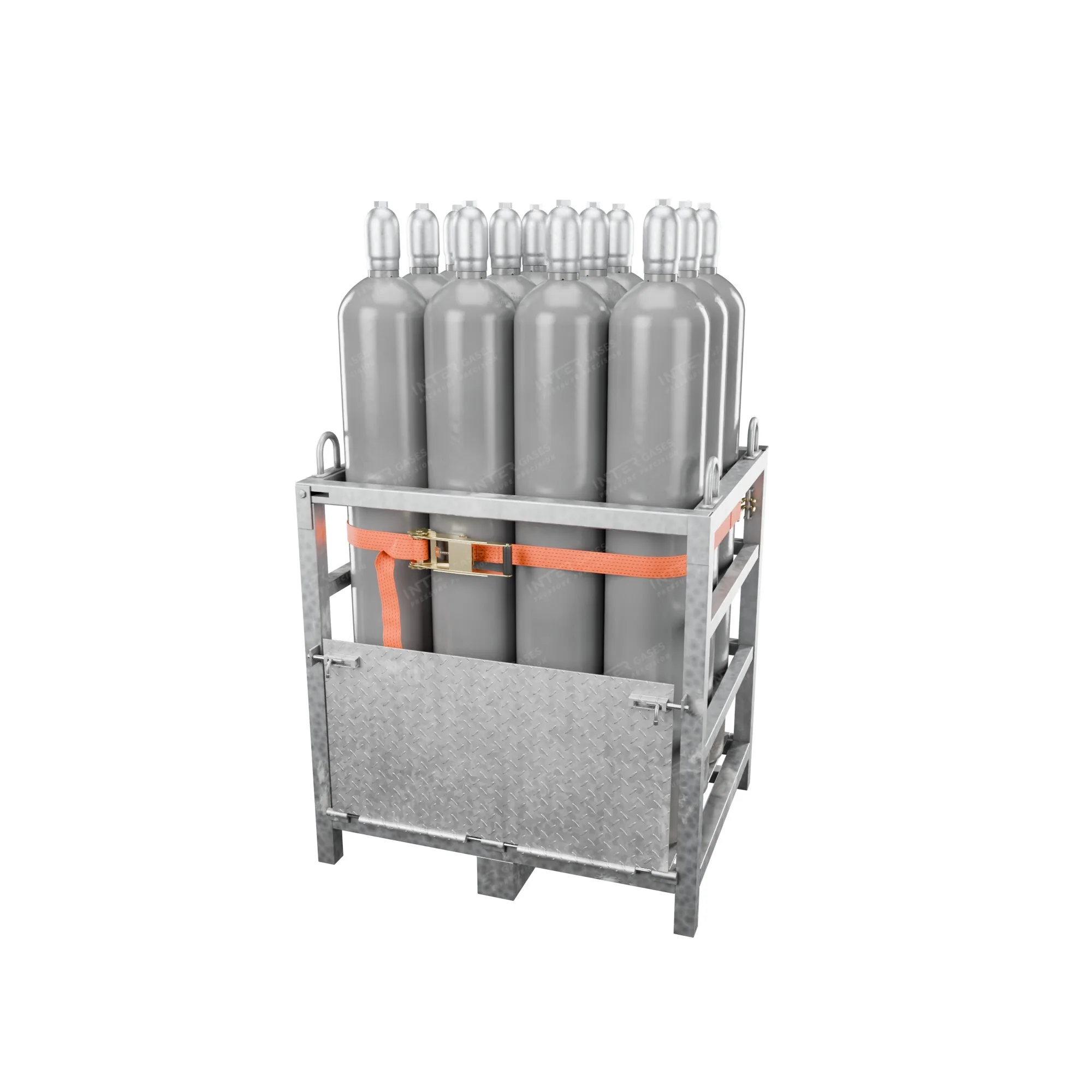 Steel transport pallet with 12 × 50 L CO2 E290 cylinders, ratchet strap