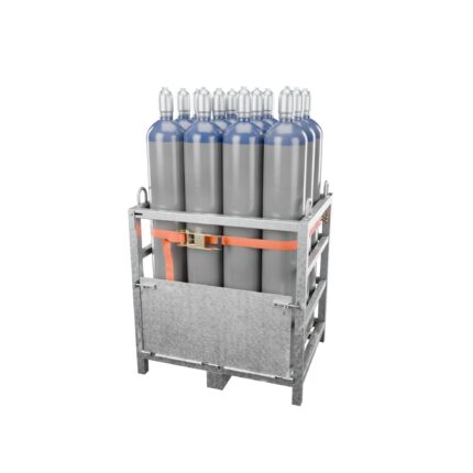Steel transport pallet with 12 × 50 L N2O E942 cylinders, ratchet strap