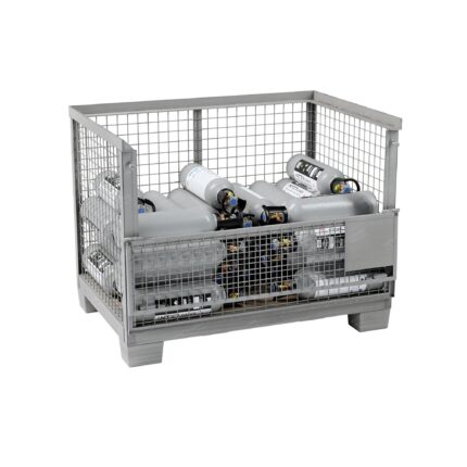 Steel gitterbox half full with 35 filled 5 L CO2 E290 cylinders, flap open