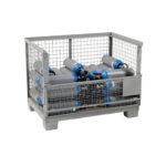 Steel gitterbox half full with 35 filled 5 L N2O E942 cylinders, flap open