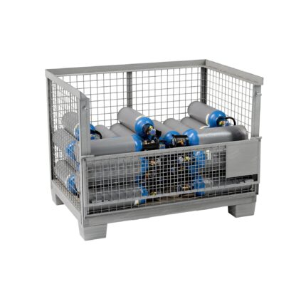 Steel gitterbox half full with 35 filled 5 L N2O E942 cylinders, flap open