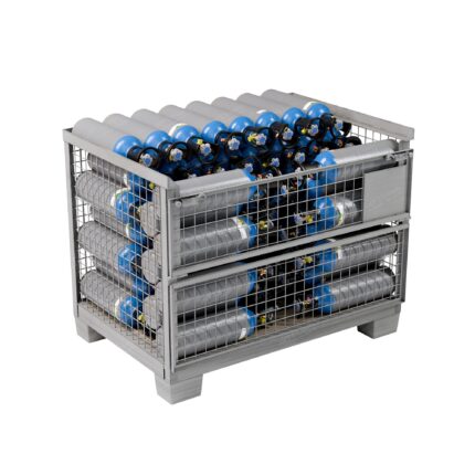 Steel gitterbox with 70 filled 5 L N2O E942 cylinders, flap closed