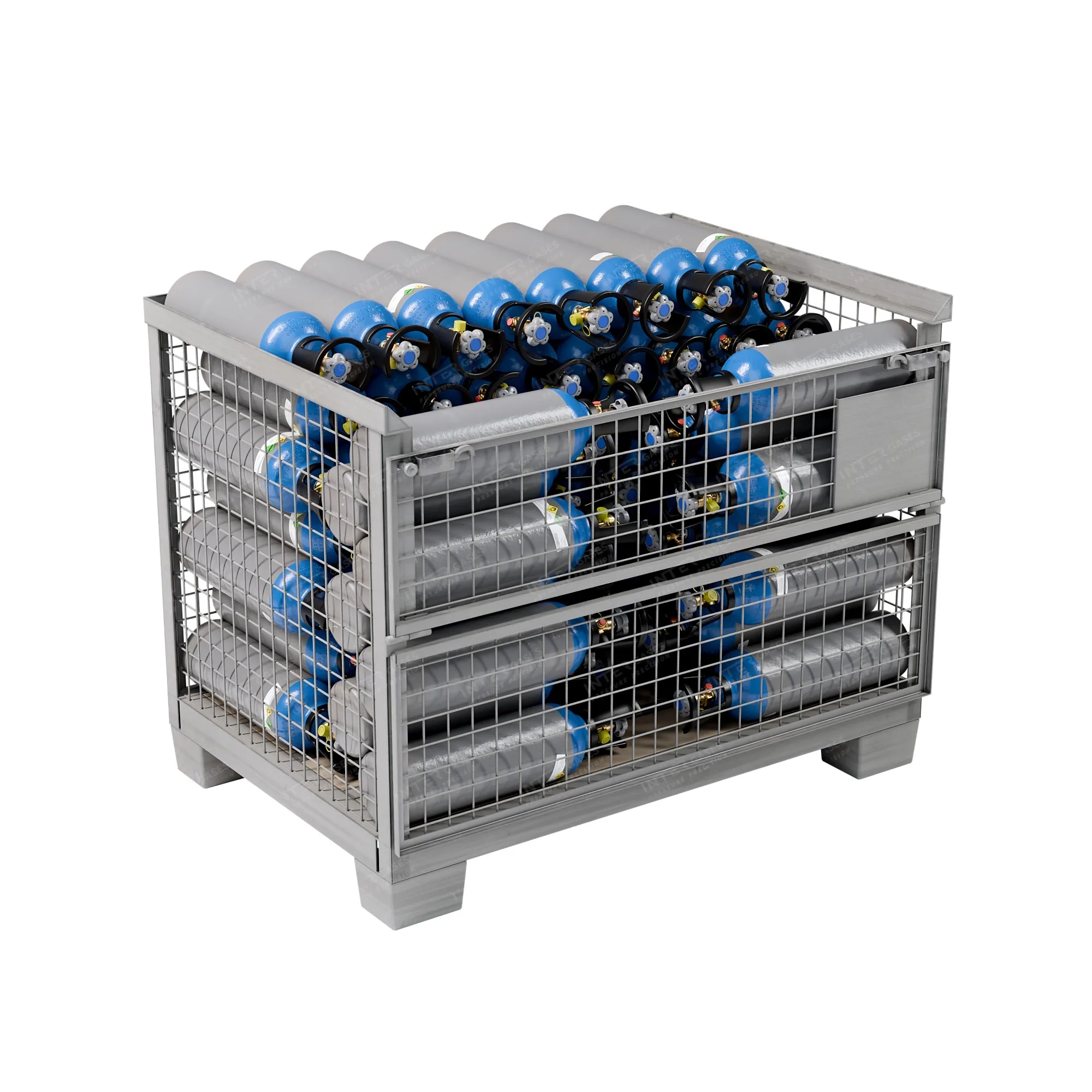 intergases-gitterbox-5l-n2o-70-closed-v2 Steel gitterbox with 70 filled 5 L N2O E942 cylinders, flap closed