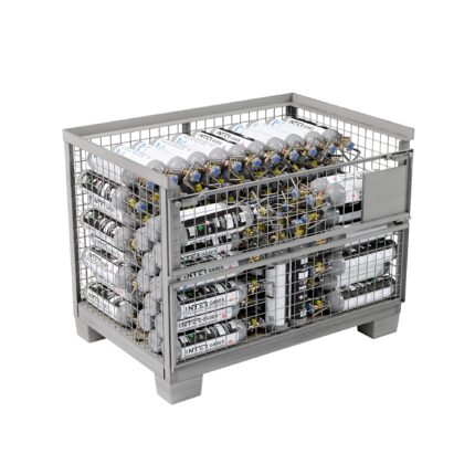 Steel gitterbox with 120 filled 2 kg CO2 E290 cylinders, flap closed