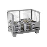Steel gitterbox half full with 60 filled 2 kg CO2 E290 cylinders, flap open