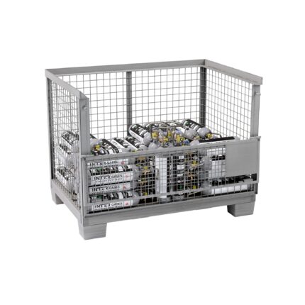 Steel gitterbox half full with 60 filled 2 kg CO2 E290 cylinders, flap open