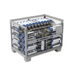 Steel gitterbox with 120 filled 2 kg N2O E942 cylinders, flap closed