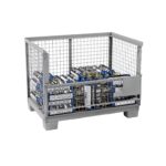 Steel gitterbox half full with 60 filled 2 kg N2O E942 cylinders, flap open