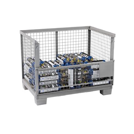 Steel gitterbox half full with 60 filled 2 kg N2O E942 cylinders, flap open