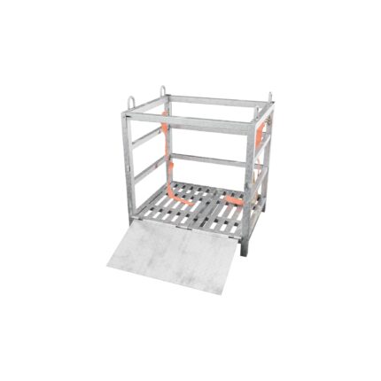 Galvanised steel transport pallet for 12 × 50 L gas cylinders, empty, front ramp down